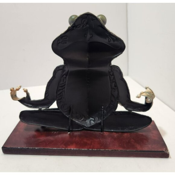 Metal Yoga Meditation Frog Decor on Wooden Base 7.5" Tall by 10" Long - Picture 7 of 14